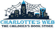 A logo-style graphic for Charlotte's Web The Children's Book Store, featuring a dark blue city skyline with a spiderweb across the sky and the store name in large blue text below.